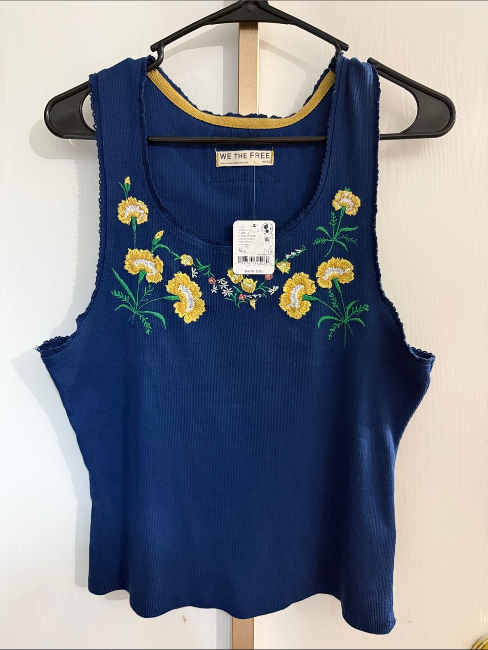 We The Free Navy Tank Top with Yellow Floral Embroidery